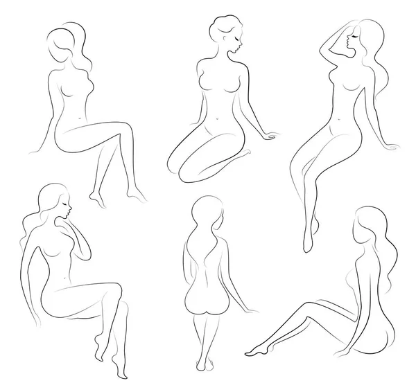 Coleção. Silhuetas de senhoras encantadoras. Meninas bonitas estão sentadas em poses diferentes. As figuras das mulheres são nuas, femininas e esbeltas. Conjunto de ilustrações vetoriais —  Vetores de Stock