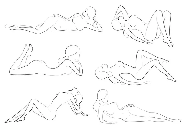 Colección. Siluetas de damas encantadoras. Hermosas chicas están sentadas en diferentes poses. Las figuras de las mujeres son desnudas, femeninas y esbeltas. Conjunto de ilustraciones vectoriales — Vector de stock