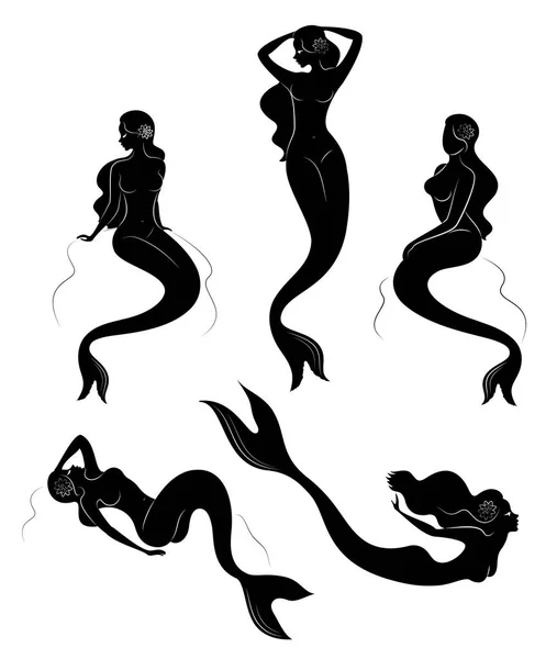 Collection. Silhouette of a mermaid. Girls bathe in a beautiful pose. The lady is young and slender. Fantastic image of a fairy tale. Set of vector illustrations — Stock Vector