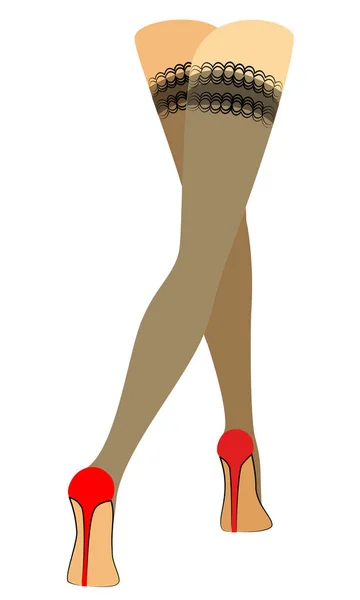 Силует струнких красивих жіночих ніг. Дівчина стоїть. Жінка одягнена в модні панчохи і одягнена в червоне взуття на високих підборах. Векторні ілюстрації — стоковий вектор
