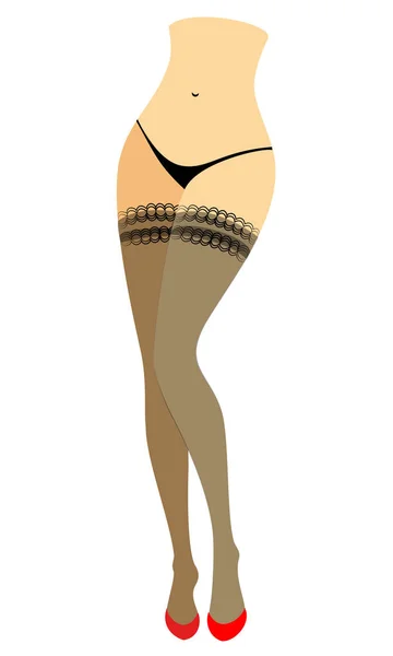 Figura silueta de una dama en bikini. Delgadas piernas femeninas hermosas, vestidas con medias. Las mujeres están vestidas con zapatos rojos de tacón alto. Ilustración vectorial — Vector de stock