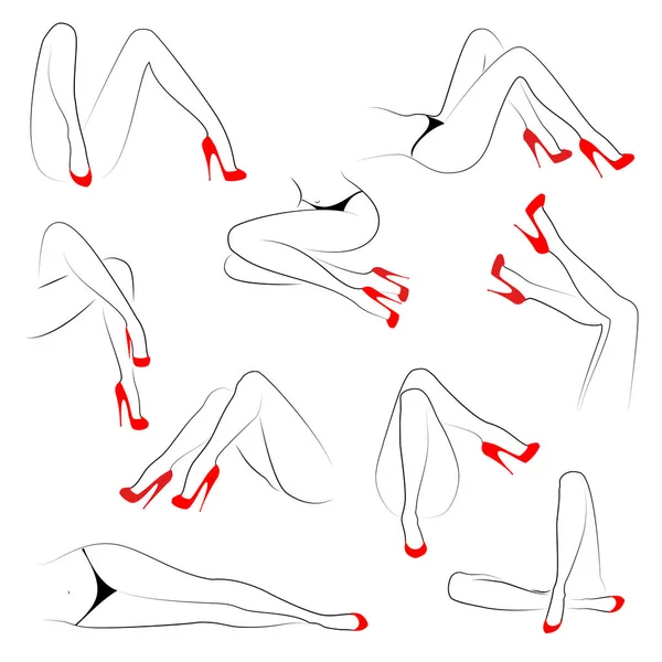 Samling. Silhouette siffra av en dam. Smala ben av en ung flicka i röda skor. En kvinna står, går, sitter. Uppsättning vektor illustrationer — Stock vektor
