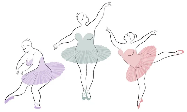 Gyűjtemény. Sziluettje egy aranyos hölgy, ő táncoló balett. Nő túlsúlyos. A lány kövér és karcsú. A nő balerina, tornász. Vektoros illusztrációs készlet — Stock Vector