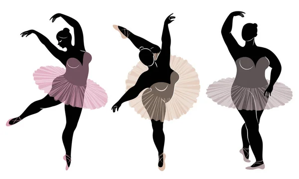 Gyűjtemény. Sziluettje egy aranyos hölgy, ő táncoló balett. Nő túlsúlyos. A lány kövér és karcsú. A nő balerina, tornász. Vektoros illusztrációs készlet — Stock Vector