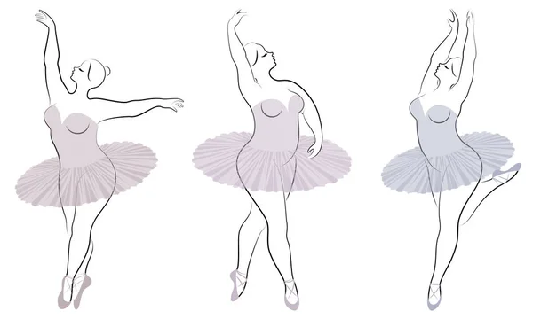 Коллекция. Силуэт милой дамы, она танцует балет. У женщины лишний вес. Девушка пухлая и стройная. Женщина балерина, гимнастка. Набор векторных иллюстраций — стоковый вектор