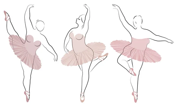 Collectie. Silhouet van een schattige dame, ze is dansen ballet. Vrouw is overgewicht. Het meisje is mollig en slank. Vrouw is ballerina, gymnast. Vector illustratie instellen — Stockvector