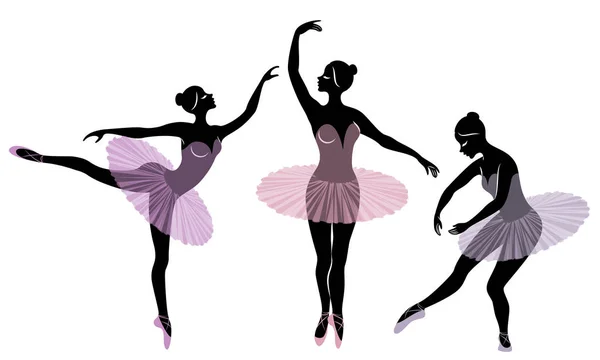Gyűjtemény. Sziluettje egy aranyos hölgy, ő táncoló balett. A lány egy szép alak. Nő balerina. Vektoros illusztrációs készlet — Stock Vector