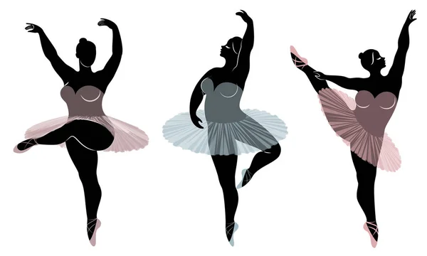 Collection. Silhouette of a cute lady, she is dancing ballet. Woman is overweight. The girl is plump and slim. Woman is ballerina, gymnast. Vector illustration set — Stock Vector