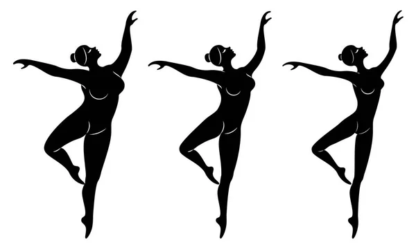 Gyűjtemény. Sziluettje egy aranyos hölgy, ő táncoló balett. Egy nő túlsúlyos. A lány kövér, karcsú, vékony. Női balerina, tornász. Vektoros illusztrációs készlet — Stock Vector