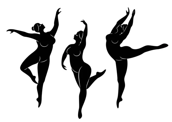 Sammlung. Silhouette einer niedlichen Dame, sie tanzt Ballett. Frau ist übergewichtig. Das Mädchen ist mollig und schlank. Frau ist Ballerina, Turnerin. Vektor Illustration Set — Stockvektor