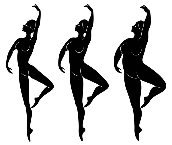 Collecte. Silhouette d'une jolie dame, elle danse le ballet. Une femme est en surpoids. La fille est dodue, mince, mince. Femme ballerine, gymnaste. Jeu d'illustrations vectorielles — Image vectorielle