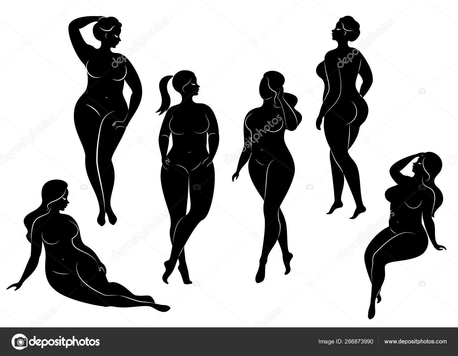 Векторная иллюстрация силуэтов женщин с избыточным весом. 