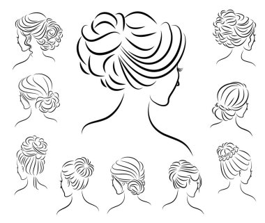 Koleksiyon. Sevimli bir bayan başının siluet profili. Kız orta ve uzun saçlar için onu saç modeli gösterir. Logo, reklam için uygundur. Vektör illüstrasyon seti