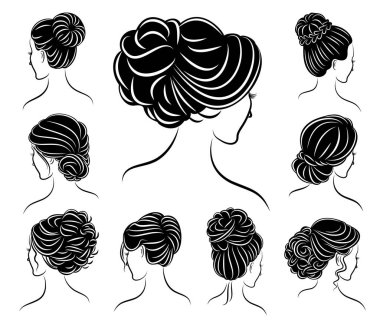 Koleksiyon. Sevimli bir bayan başının siluet profili. Kız orta ve uzun saçlar için onu saç modeli gösterir. Logo, reklam için uygundur. Vektör illüstrasyon seti
