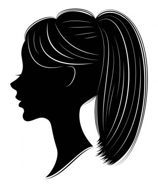 Tatlı bir bayan ın kafasının silueti. Bir kız uzun ve orta saç bir kadın kuyruk-saç modeli gösterir. Logo, reklam için uygundur. Vektör çizimi.