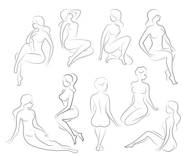 Koleksiyon. Tatlı bir bayan siluet, o oturur ve duruyor. Kızın çok güzel bir çıplak figürü var. Bir kadın genç, ince ve seksi bir modeldir. Vektör çizimleri kümesi