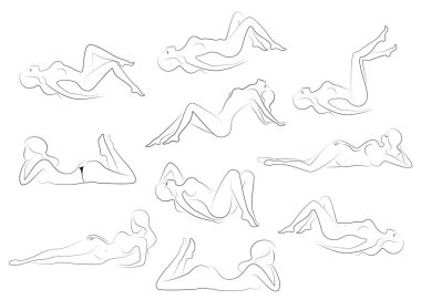 Koleksiyon. Güzel bayanların siluetleri. Güzel kızlar farklı pozlar oturuyorlar. Kadınların figürleri çıplak, kadınsı ve ince. Vektör çizimleri kümesi