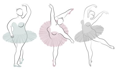 Koleksiyon. Sevimli bir bayan siluet, o bale dans ediyor. Kadın kilolu. Kız tombul ve ince. Kadın balerin, jimnastikçi. Vektör illüstrasyon seti