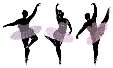 Koleksiyon. Sevimli bir bayan siluet, o bale dans ediyor. Kadın kilolu. Kız tombul ve ince. Kadın balerin, jimnastikçi. Vektör illüstrasyon seti