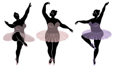 Koleksiyon. Sevimli bir bayan siluet, o bale dans ediyor. Kadın kilolu. Kız tombul ve ince. Kadın balerin, jimnastikçi. Vektör illüstrasyon seti
