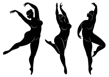 Koleksiyon. Sevimli bir bayan siluet, o bale dans ediyor. Kadın kilolu. Kız tombul ve ince. Kadın balerin, jimnastikçi. Vektör illüstrasyon seti