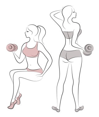 Koleksiyon. Sevimli bayanların silueti. Kızlar fitness yapıyor, halter yetiştirin. Kadınlar genç ve ince, güzel figürleri ile. Vektör illüstrasyon seti