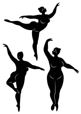 Şişman kadın siluetlerinin vektör çizimi. Siyah ve beyaz, farklı pozlar.