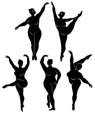 Şişman kadın siluetlerinin vektör çizimi. Siyah ve beyaz, farklı pozlar.