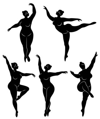 Şişman kadın siluetlerinin vektör çizimi. Siyah ve beyaz, farklı pozlar.