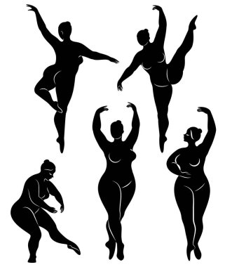 Şişman kadın siluetlerinin vektör çizimi. Siyah ve beyaz, farklı pozlar.