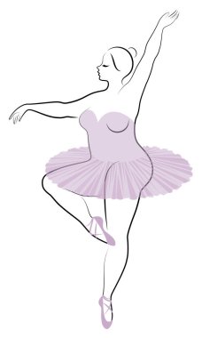 Sevimli bir bayan siluet, o bale dans ediyor. Kadının kilolu bir vücudu var. Kız tombul. Kadın balerin, jimnastikçi. Vektör çizimi
