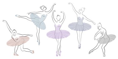 Koleksiyon. Sevimli bir bayan siluet, o bale dans ediyor. Kızın çok güzel bir figürü var. Kadın balerin. Vektör illüstrasyon seti
