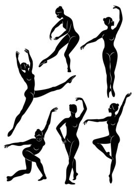 Koleksiyon. Sevimli bir bayan siluet, o bale dans ediyor. Kızın ince ve güzel bir figürü var. Kadın balerin. Vektör illüstrasyon seti