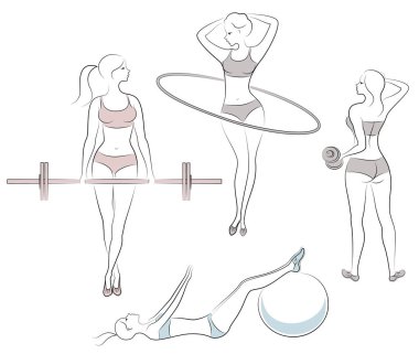 Koleksiyon. Güzel bayanların siluetleri. Kızlar fitness bar, nuggets, çember, fitball meşgul. Kadınlar genç ve ince, güzel figürleri ile. Vektör illüstrasyon seti