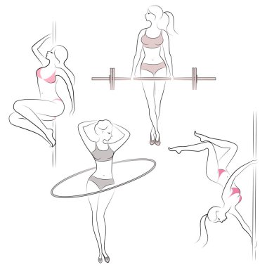 Koleksiyon. Güzel bayanların siluetleri. Kızlar fitness bar, çember, pilon üzerinde dans meşgul. Kadınlar genç ve ince, güzel figürleri vardır. Vektör çizimleri kümesi