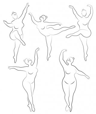 Şişman kadın siluetlerinin vektör çizimi. Siyah ve beyaz, farklı pozlar.