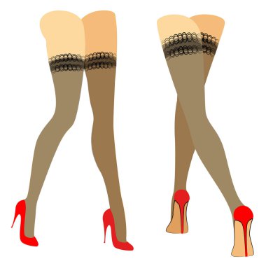 Bir bayanın siluet figürü. Çoraplarda ince bacaklar, kırmızı ayakkabılar. Yürüyen kadın. Ayaklar bakımlı, güzel ipeksi bir ten. Vektör çizimleri kümesi
