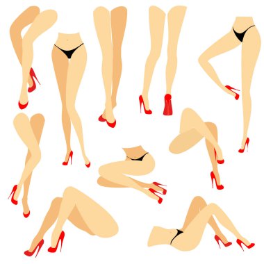 Koleksiyon. Kırmızı yüksek topuklu ayakkabı ince güzel kadın bacaklar siluetleri ile bir resim. Kız ayaktayken bacakların farklı duruşları, yalanlar, yalanlar. Vektör illüstrasyon seti