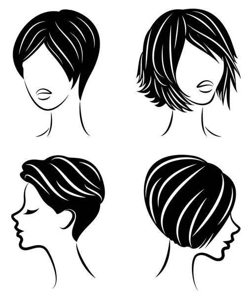 Silhouette of the head of a cute lady. The girl shows her hairstyle for medium and short hair. Suitable for logo, advertising. Vector illustration — Stock Vector