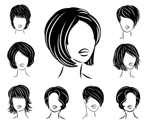 Coleção. Silhueta de uma cabeça de uma senhora doce. Uma menina mostra um penteado de uma mulher em cabelos longos, médios e curtos. Adequado para logotipo, publicidade. Conjunto de ilustrações vetoriais — Vetor de Stock