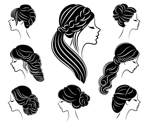 Collection. Silhouette profile of a cute lady s head. The girl shows her hairstyle for medium and long hair. Suitable for logo, advertising. Vector illustration set — Stock Vector