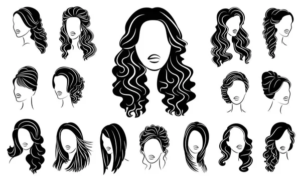 Koleksiyon. Sevimli bir bayan başının siluet profili. Kız orta ve uzun saçlar için onu saç modeli gösterir. Logo, reklam için uygundur. Vektör illüstrasyon seti