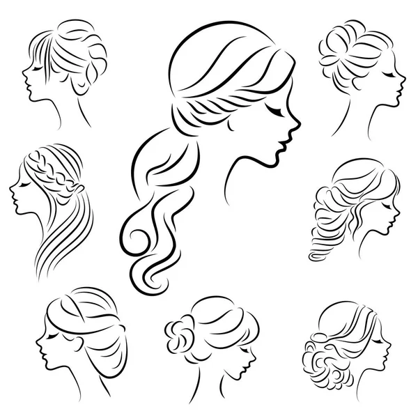 Sammlung. Silhouettenprofil eines niedlichen Damenkopfes. zeigt das Mädchen ihre Frisur für mittellange und lange Haare. geeignet für Logo, Werbung. Vektor Illustration Set — Stockvektor