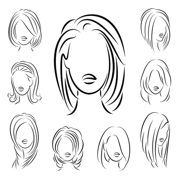 Коллекция. Силуэт-профиль головы милой леди. Девушка показывает свою прическу для средних и длинных волос. Подходит для логотипа, рекламы. Набор векторных иллюстраций — стоковый вектор