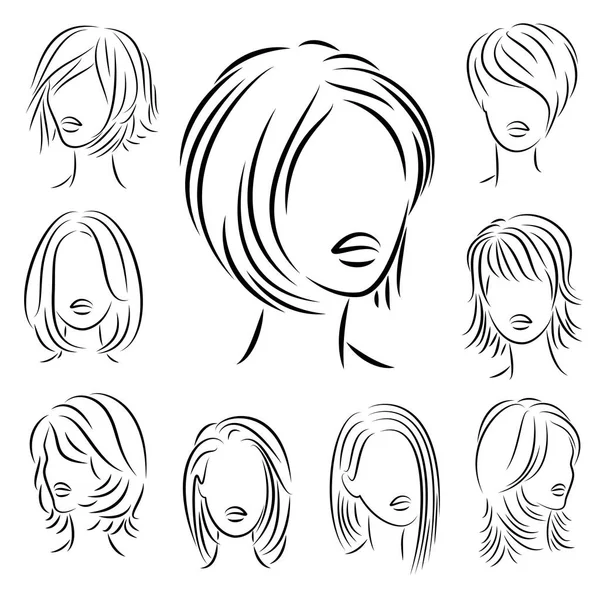 Koleksiyon. Sevimli bir bayan başının siluet profili. Kız orta ve uzun saçlar için onu saç modeli gösterir. Logo, reklam için uygundur. Vektör illüstrasyon seti