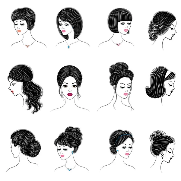 Collection of heads of cute ladies. Girls show female hairstyles for short, long and medium hair. Women are fashionable, beautiful and stylish. Vector illustration set — Stock Vector