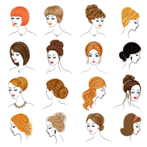 Tresses longues cheveux bruns créatifs, isolés sur fond blanc. Coiffures d'une femme. Ensemble d'illustrations vectorielles — Image vectorielle