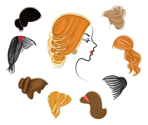 Tranças longas cabelo marrom criativo, isolado no fundo branco. Penteados de uma mulher. Conjunto de ilustrações vetoriais — Vetor de Stock