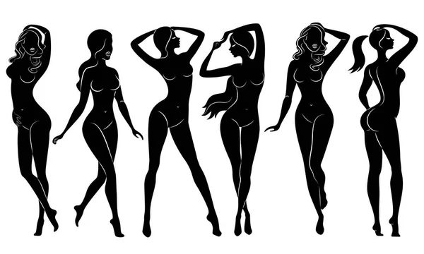 Koleksiyon. Güzel bayanların siluetleri. Güzel kızlar farklı pozlar duruyor. Kadınların figürleri kadınsı, çıplak ve ince. Vektör çizimleri kümesi.