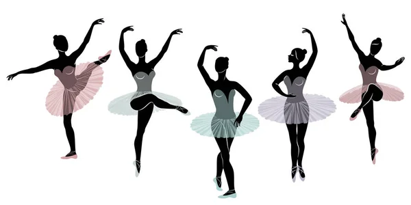 Samling. Silhuett av en söt dam, hon dansar balett. Flickan har en vacker figur. Kvinna ballerina. Vektor illustration set — Stock vektor